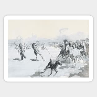 Indians Herding Wild Horses - Vintage Western American Art Sticker